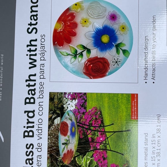 NIB Bright Colored Floral or Peacock Garden Glass Bird Bath w/ Stand - Picture 3 of 5